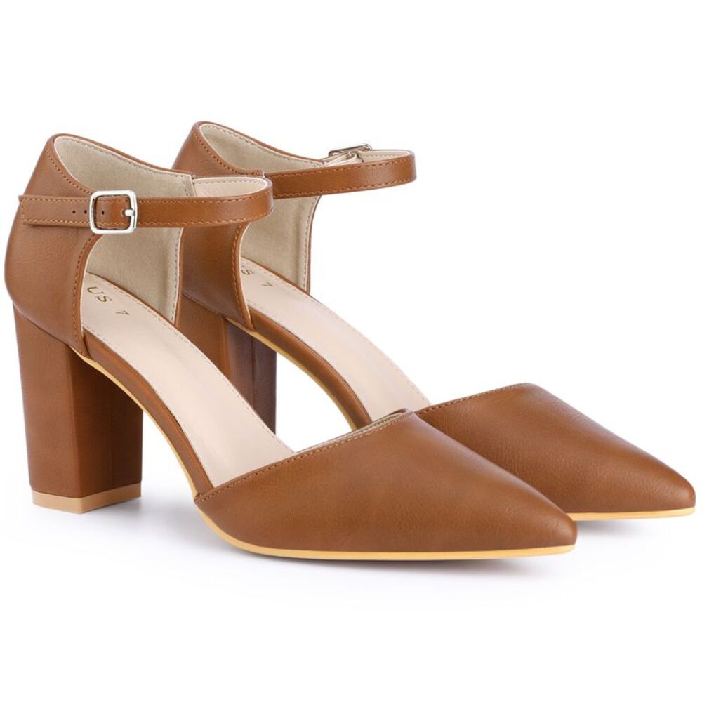 Pointed Toe Ankle Strap Dress Pumps Chunky Heels Pumps Brown